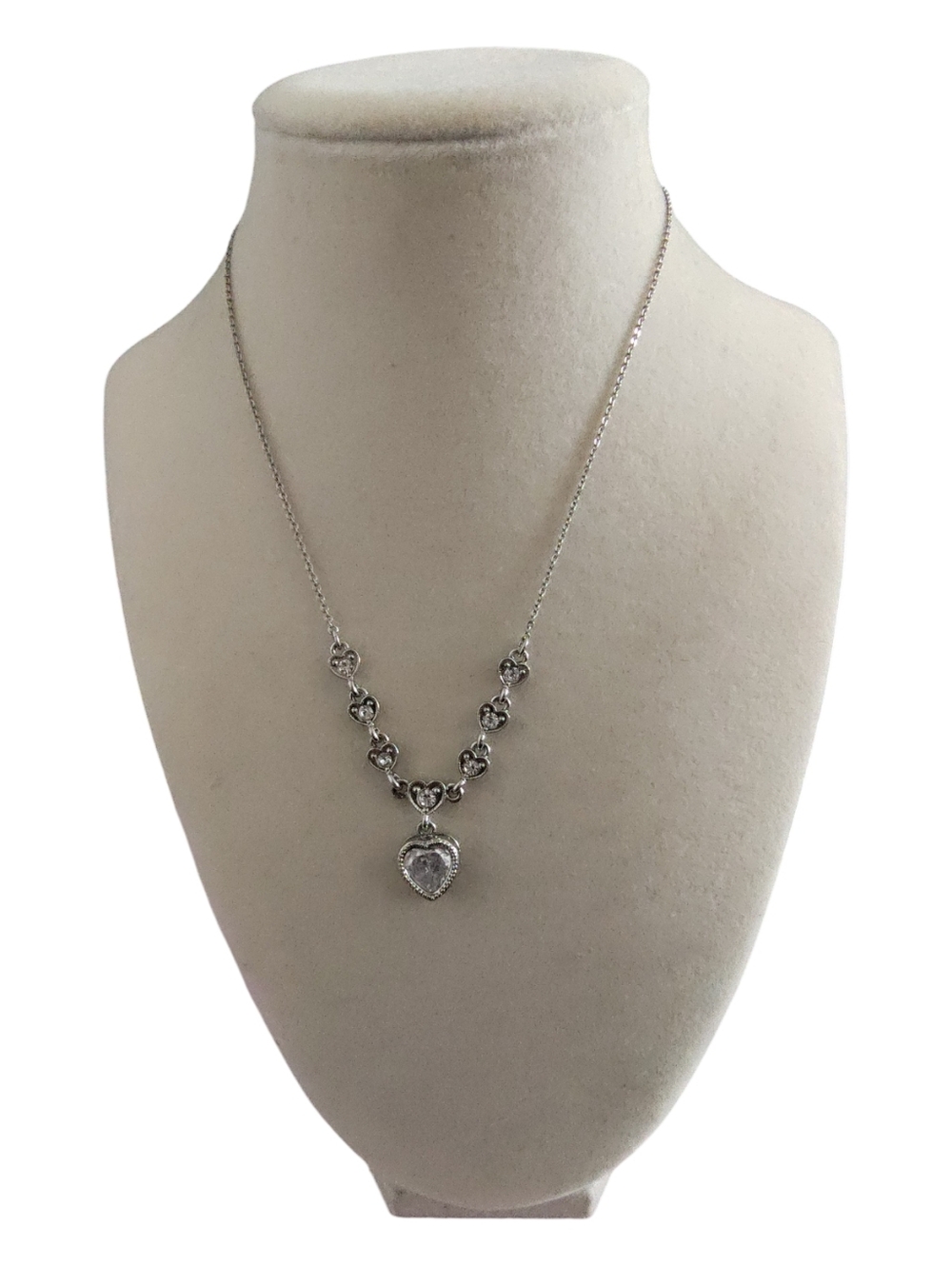 Nancy & Rise Heart Pendant Necklace Silver Tone Clear Crystal Rhinestones 16”